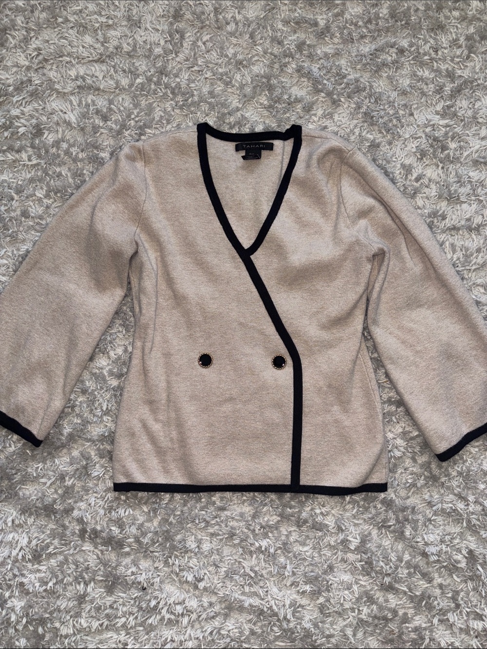 Tahari Beige V-Neck Wrap Sweater with Black Trim